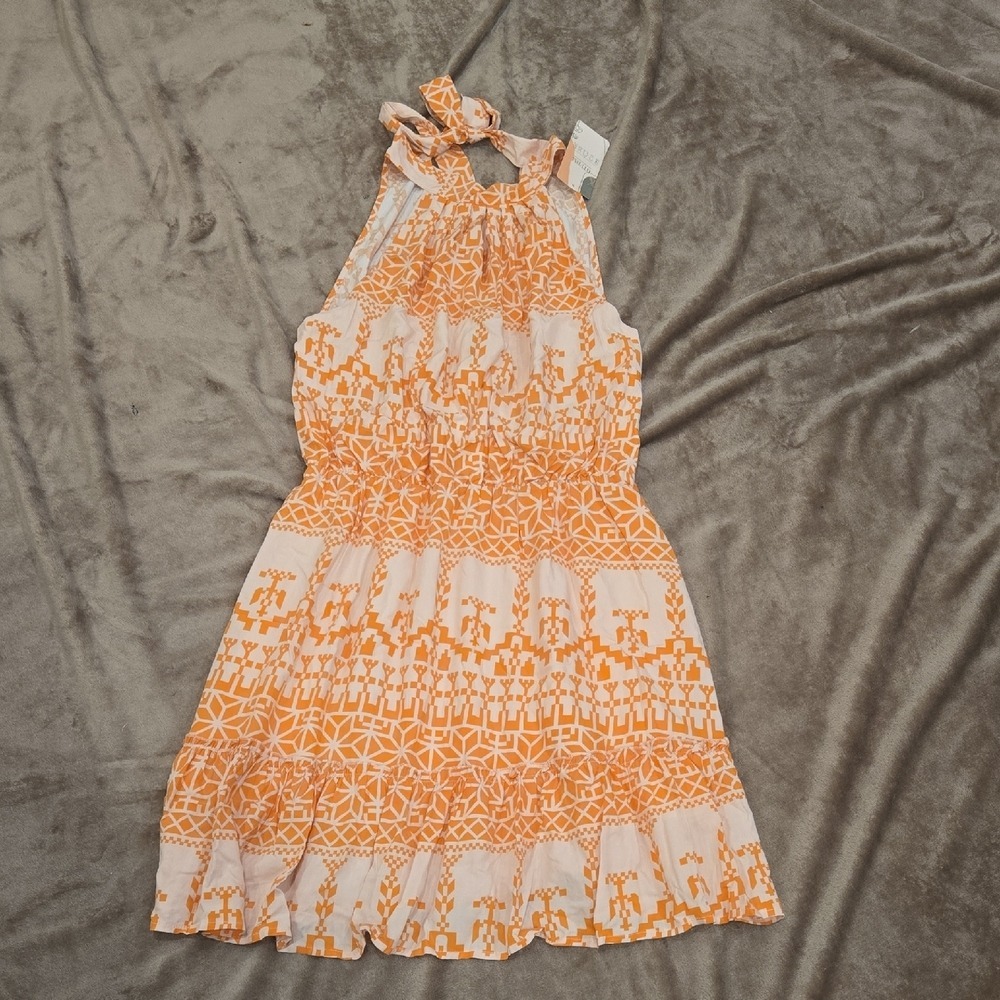 BTFBM Orange White Geometric Tribal Halter Neck‎ Mini Dress NWT Size L